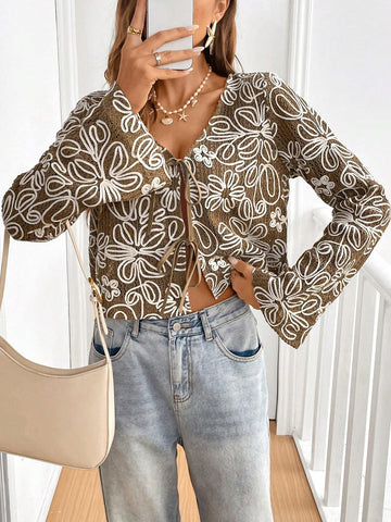 Frenchy Women's Autumn Casual Floral Print Front Tie Bell Sleeve Shirt