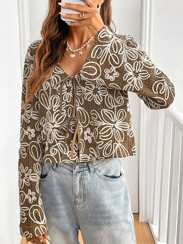 Frenchy Women's Autumn Casual Floral Print Front Tie Bell Sleeve Shirt