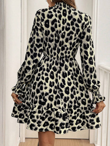 Women's Autumn Leopard Print Stand Collar Long Sleeve Short Mini Dress