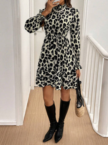 Women's Autumn Leopard Print Stand Collar Long Sleeve Short Mini Dress