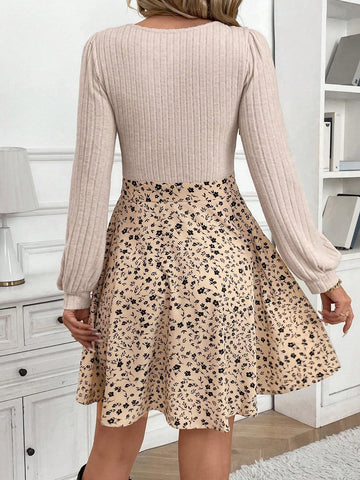 Women's Autumn Patchwork Ditsy Floral Hem Square Neck Long Sleeve Casual Short Dress