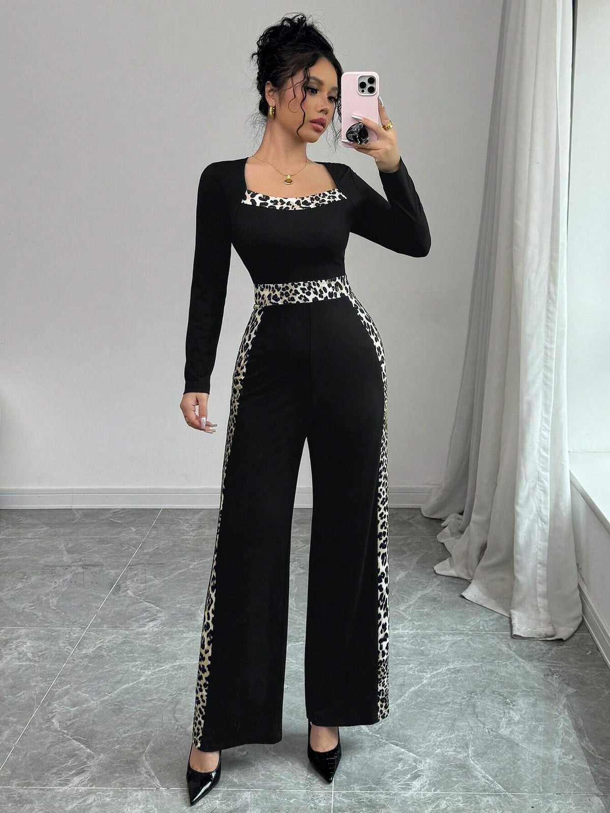 Women's Autumn Square Neck Leopard Print Patchwork Long Sleeve Casual Slim Jumpsuit