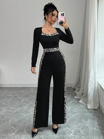 Women's Autumn Square Neck Leopard Print Patchwork Long Sleeve Casual Slim Jumpsuit