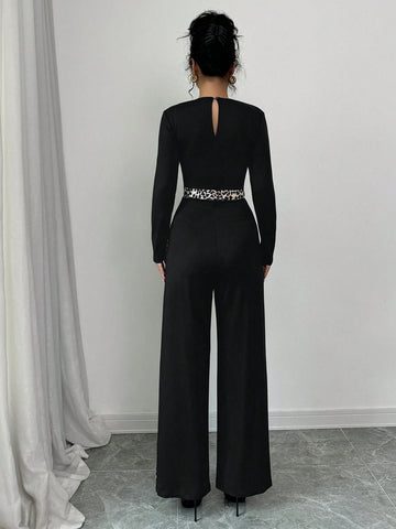 Women's Autumn Square Neck Leopard Print Patchwork Long Sleeve Casual Slim Jumpsuit