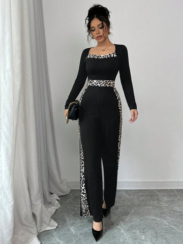 Women's Autumn Square Neck Leopard Print Patchwork Long Sleeve Casual Slim Jumpsuit