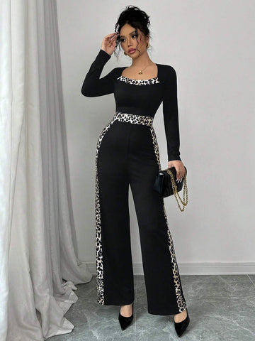 Women's Autumn Square Neck Leopard Print Patchwork Long Sleeve Casual Slim Jumpsuit
