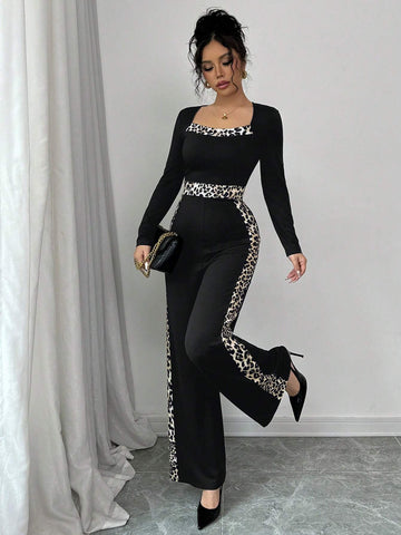 Women's Autumn Square Neck Leopard Print Patchwork Long Sleeve Casual Slim Jumpsuit