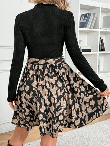 Women's Autumn Stand Collar Long Sleeve Patchwork Hem Fashionable Short Dress