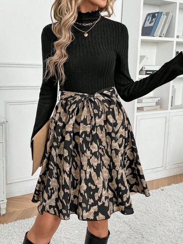 Women's Autumn Stand Collar Long Sleeve Patchwork Hem Fashionable Short Dress
