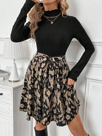 Women's Autumn Stand Collar Long Sleeve Patchwork Hem Fashionable Short Dress