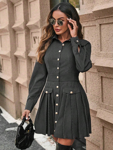 Women's Autumn Striped Long Sleeve Single-Breasted Pleated Hem Casual Shirt Dress
