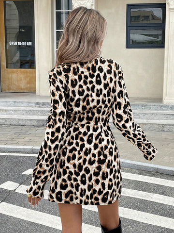 Women's Autumn Stylish Leopard Print Wrap Mini Dress