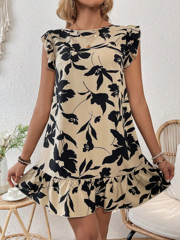 Women's Back Tie Plant Printed Short Sleeve A-Line Dress