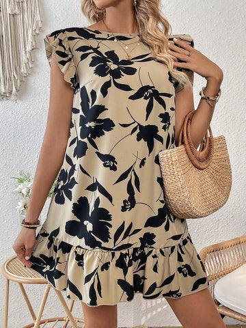 Women's Back Tie Plant Printed Short Sleeve A-Line Dress