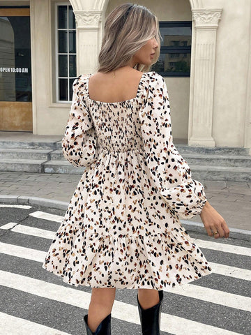 Women's Bow Decor Allover Print Casual Short Dress, Long Sleeve