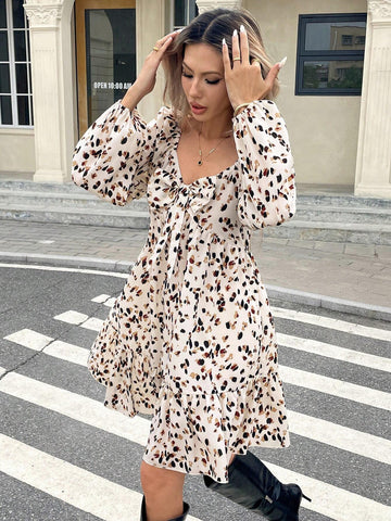 Women's Bow Decor Allover Print Casual Short Dress, Long Sleeve