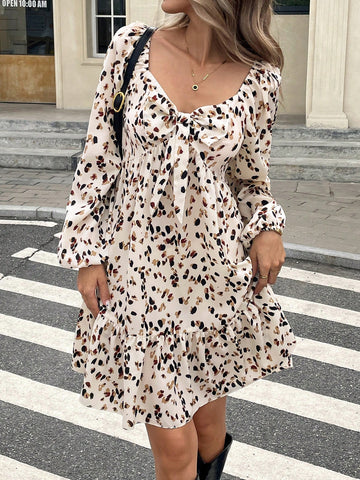 Women's Bow Decor Allover Print Casual Short Dress, Long Sleeve