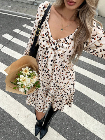 Women's Bow Decor Allover Print Casual Short Dress, Long Sleeve