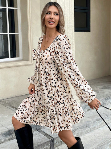 Women's Bow Decor Allover Print Casual Short Dress, Long Sleeve