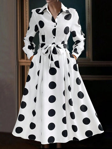 Women's Button Long Sleeve Waist Tie Large Polka Dot Design Dress