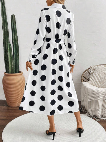 Women's Button Long Sleeve Waist Tie Large Polka Dot Design Dress