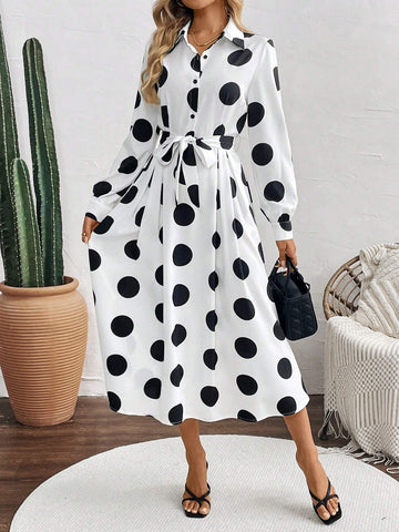 Women's Button Long Sleeve Waist Tie Large Polka Dot Design Dress
