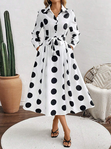 Women's Button Long Sleeve Waist Tie Large Polka Dot Design Dress
