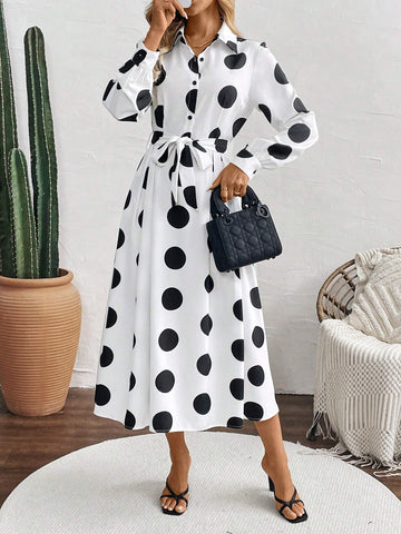 Women's Button Long Sleeve Waist Tie Large Polka Dot Design Dress