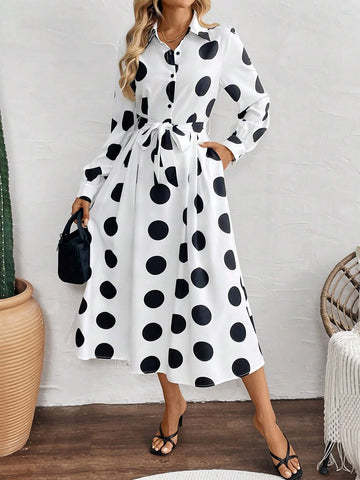 Women's Button Long Sleeve Waist Tie Large Polka Dot Design Dress