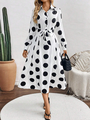 Women's Button Long Sleeve Waist Tie Large Polka Dot Design Dress
