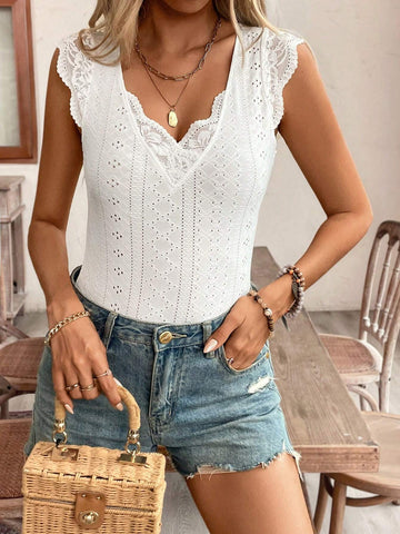 Women's Cap Sleeved Lace-Decorated Lace Decorative Sleeves Textured Fabric Lace Patchwork Collar Summer Bodysuit