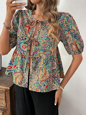 Frenchy Women's Cardigan, Puff Sleeve Blouse, Women's Shirt, Bow Tie Strap, Casual Holiday Women's Shirt