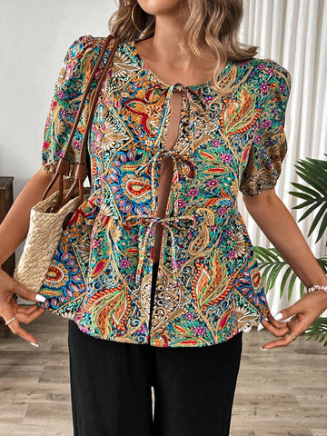 Frenchy Women's Cardigan, Puff Sleeve Blouse, Women's Shirt, Bow Tie Strap, Casual Holiday Women's Shirt