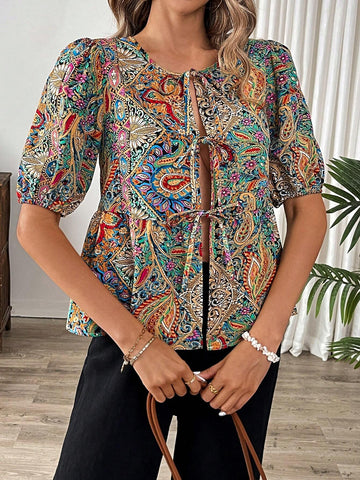 Frenchy Women's Cardigan, Puff Sleeve Blouse, Women's Shirt, Bow Tie Strap, Casual Holiday Women's Shirt