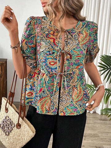 Frenchy Women's Cardigan, Puff Sleeve Blouse, Women's Shirt, Bow Tie Strap, Casual Holiday Women's Shirt