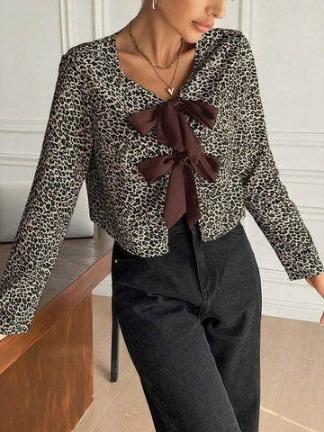 Frenchy Women's Casual Comfort Chiffon Bow Tie Leopard Print Blouse