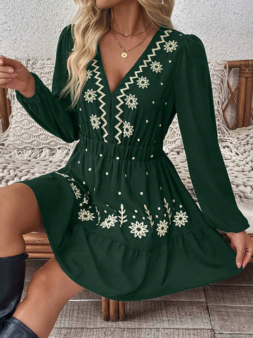 Women's Casual Floral Print V Neck Lantern Sleeve Dress For Vacation