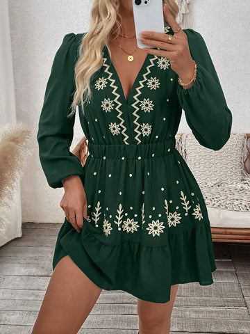 Women's Casual Floral Print V Neck Lantern Sleeve Dress For Vacation