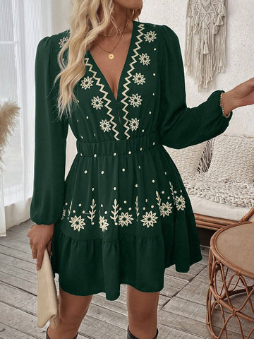 Women's Casual Floral Print V Neck Lantern Sleeve Dress For Vacation
