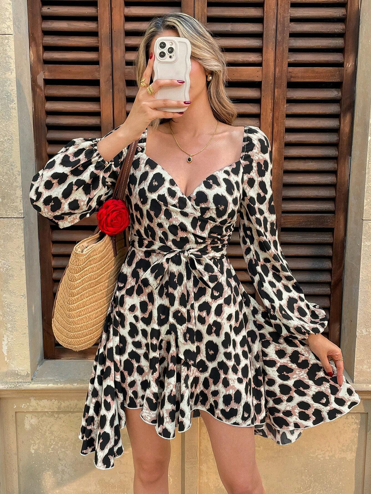 Women's Casual Leopard Print Lantern Sleeve Asymmetrical Hem Mini Sundress,Frenchies Belted Dress,Suitable For Spring And Autumn