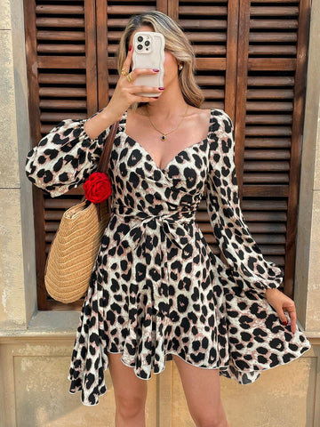 Women's Casual Leopard Print Lantern Sleeve Asymmetrical Hem Mini Sundress,Frenchies Belted Dress,Suitable For Spring And Autumn