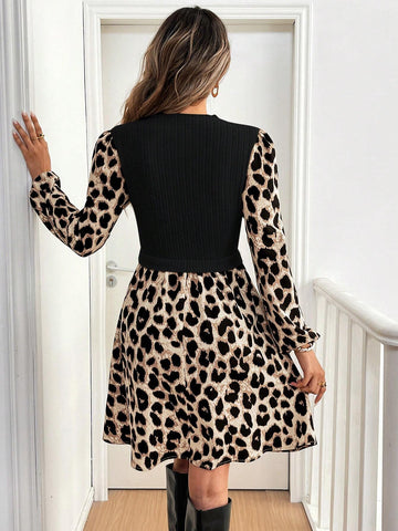 Women's Casual Leopard Print Splice Faux 2pcs Short Dress, Autumn