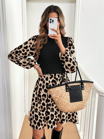 Women's Casual Leopard Print Splice Faux 2pcs Short Dress, Autumn