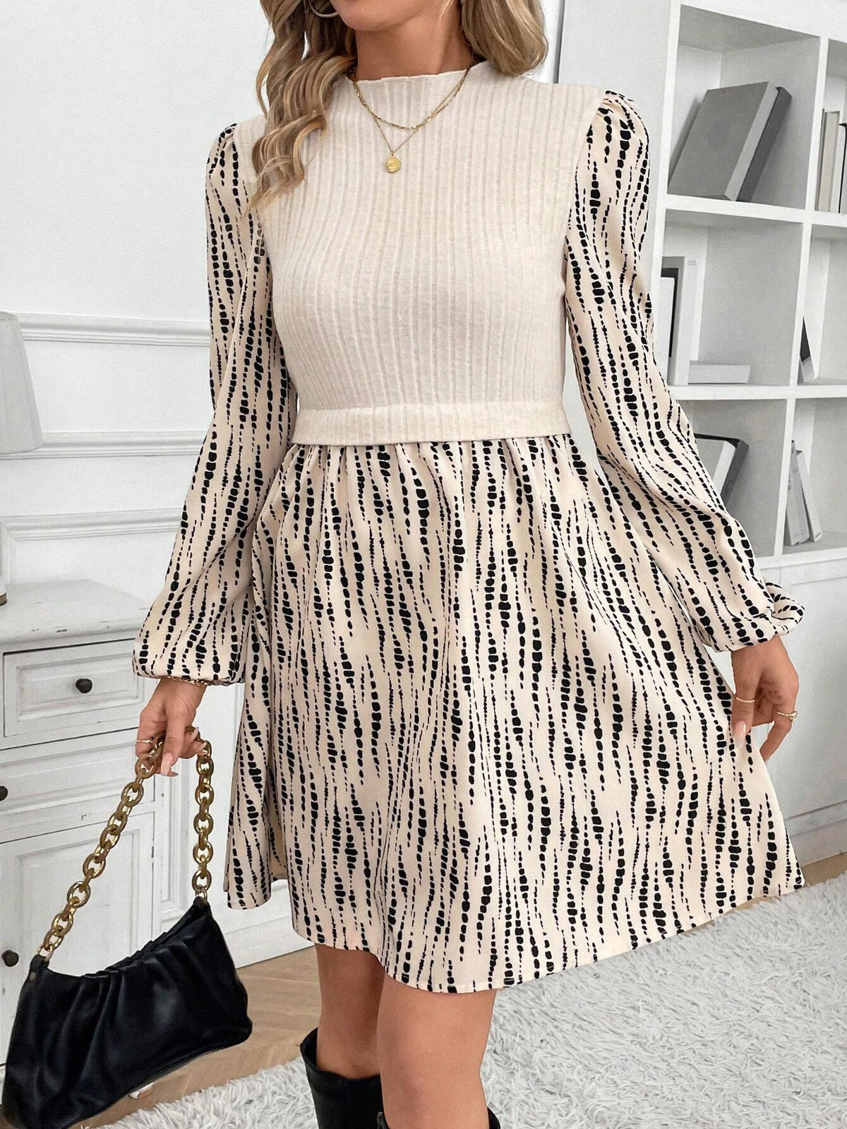 Women's Casual Short Mini Dress With Tie-Dye Print, Stand Collar And Lantern Sleeve, Suitable