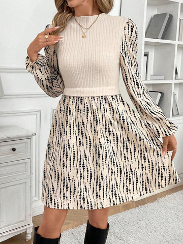 Women's Casual Short Mini Dress With Tie-Dye Print, Stand Collar And Lantern Sleeve, Suitable