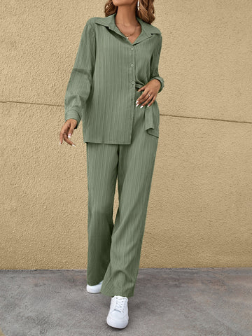 Women's Casual Solid Colored Textured Blouse And Long Pants Set