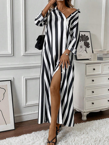 Women's Casual Striped Long Sleeve Shirt Dress, Spring & Autumn