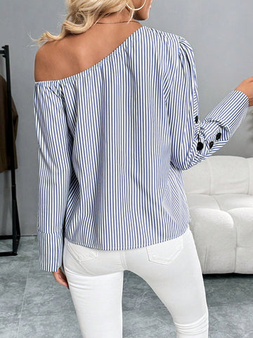 Frenchy Women's Casual Striped One Shoulder Blouse, Work Wear