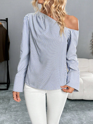 Frenchy Women's Casual Striped One Shoulder Blouse, Work Wear