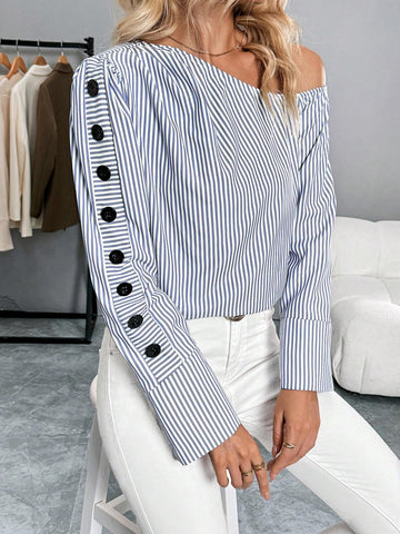 Frenchy Women's Casual Striped One Shoulder Blouse, Work Wear